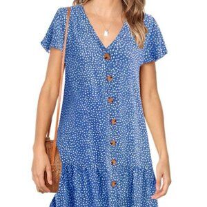 Blue V-neck button-down drop waist flutter sleeve ruffle dress, size M